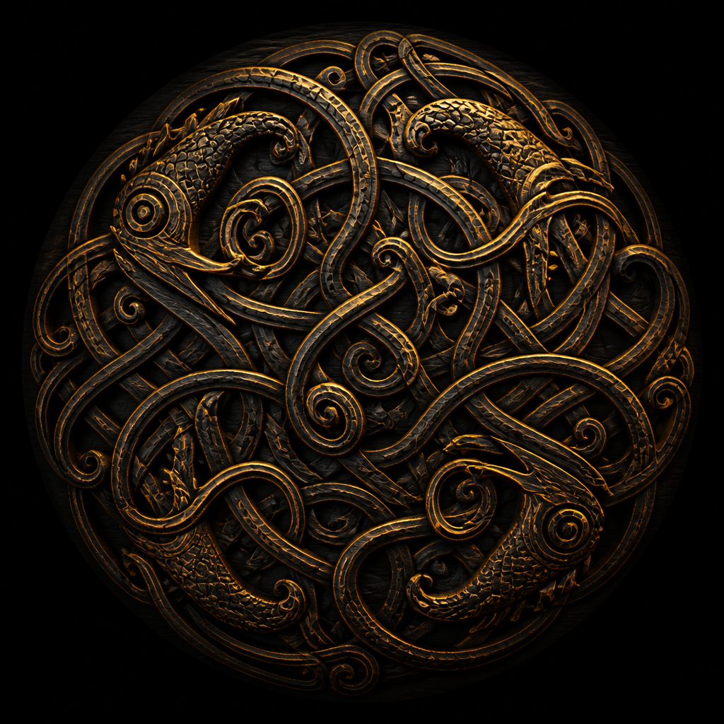 Urnes-style stave church carving, the Mojo medallion